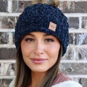 Panache dark blue chenille beanie with faux fur Pom One Size
